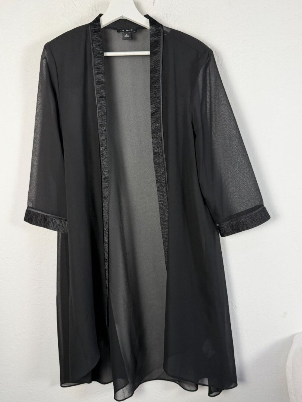 Le Bos Sheer Black Chiffon Duster Cardigan Open Front Kimono 3/4 Sleeve Size 16